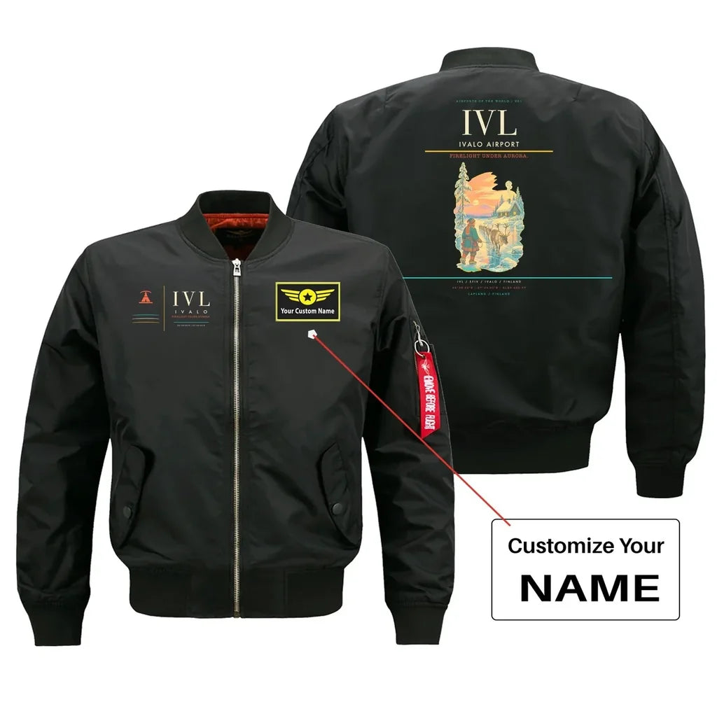 Ivalo Airport (IVL) design on black bomber jacket with custom name patch