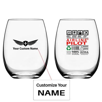 Airline Pilot Label Water & Drink aviation design on water glass, crystal-clear premium glassware.