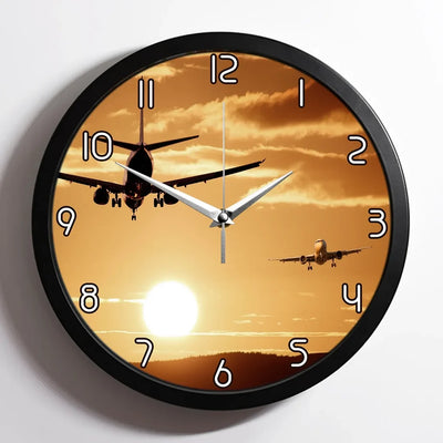 Two Aeroplanes During Sunset aviation design on premium wood and metal wall clock.