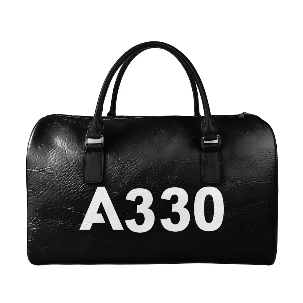 Airbus A330 Flat Text aviation print leather travel bag, full-grain leather.