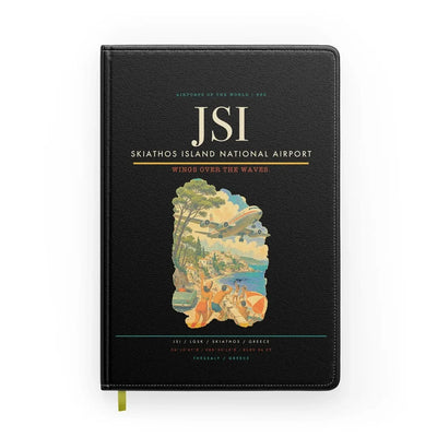Skiathos Island National Airport (JSI) design on black notebook