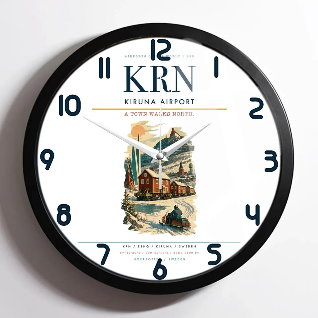 Kiruna Airport (KRN) design on white framed wall clock