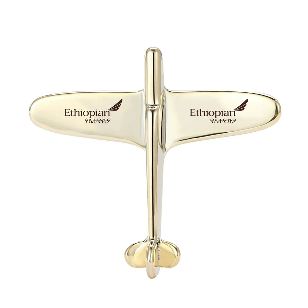 Side view of Ethiopian Airlines Airplane Shape aviation airplane-shape brooch in polished alloy, polished finish.