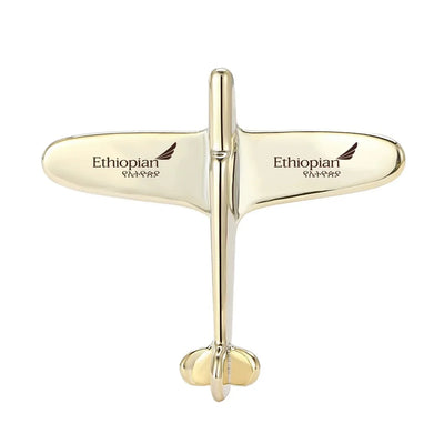 Side view of Ethiopian Airlines Airplane Shape aviation airplane-shape brooch in polished alloy, polished finish.