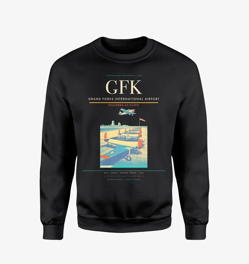 Grand Forks International Airport (GFK) design on black sweatshirt