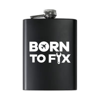 Thumbnail for Born To Fix Airplanes aviation design on stainless hip flask, compact pocket-size flask.