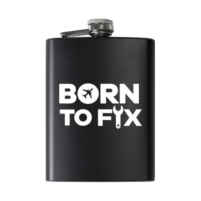 Born To Fix Airplanes aviation design on stainless hip flask, compact pocket-size flask.