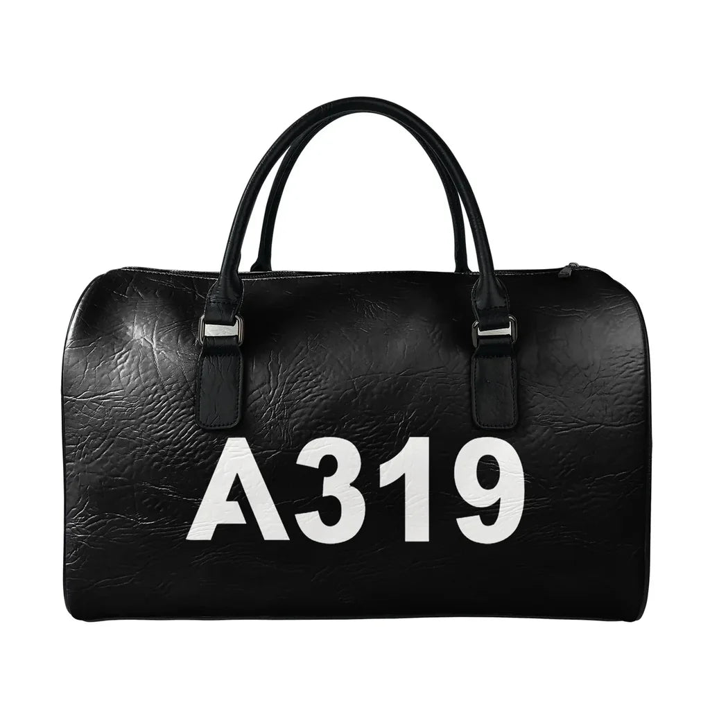 Airbus A319 Flat Text aviation design leather travel bag, full-grain leather construction.