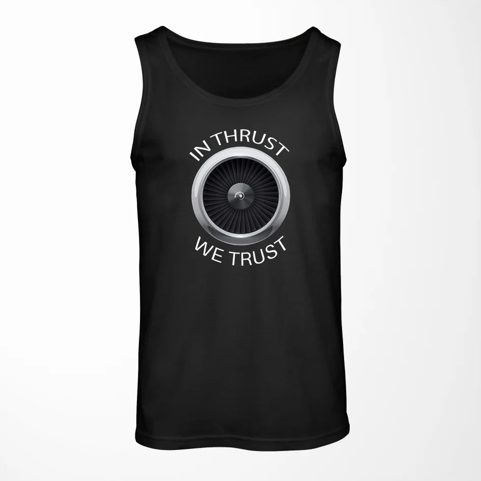 In Thrust We Trust aviation design on breathable cotton tank top.