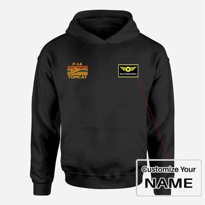 Retro F-14 TOMCAT aviation design on soft cotton blend men's hoodie with small chest logo.