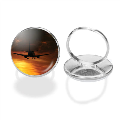 Beautiful Aircraft Landing at Sunset aviation ring in stainless steel.