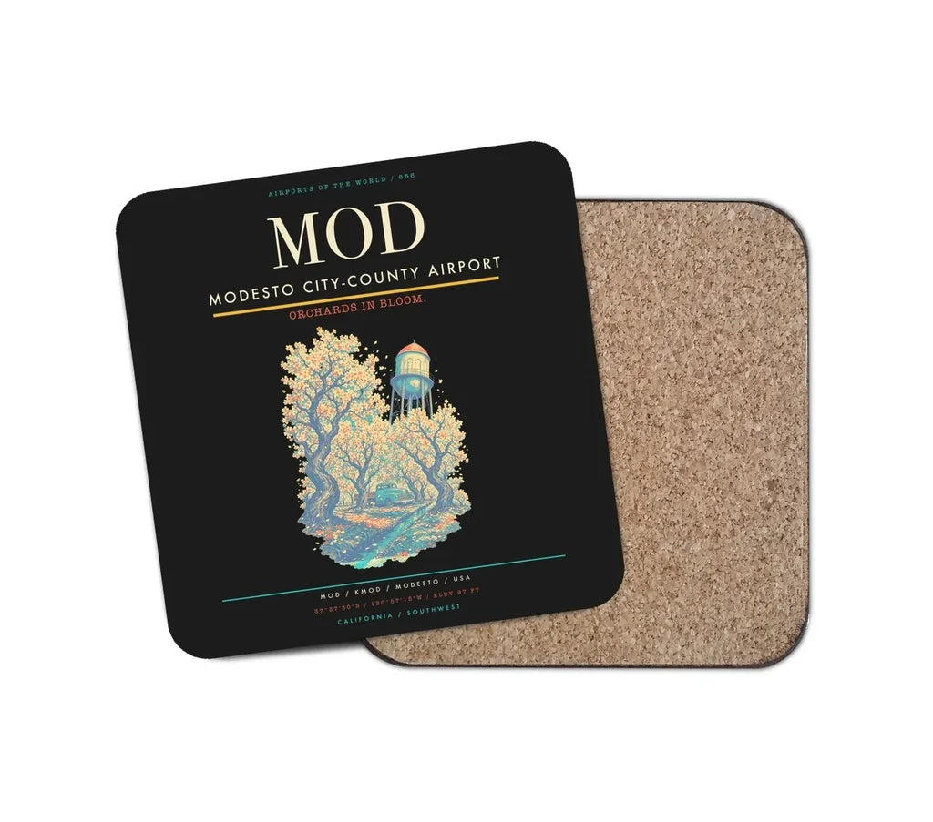 Modesto City-County Airport (MOD) design on black 1 piece coaster