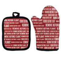 Thumbnail for Remove Before Flight 3-Red Kitchen Glove & Holder aviation design on durable fabric with insulated lining kitchen glove holder.
