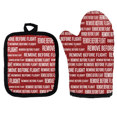 Remove Before Flight 3-Red Kitchen Glove & Holder aviation design on durable fabric with insulated lining kitchen glove holder.