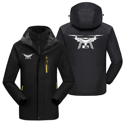 Drone Silhouette aviation design printed on heavyweight insulated shell with snow cuffs thick ski jacket.