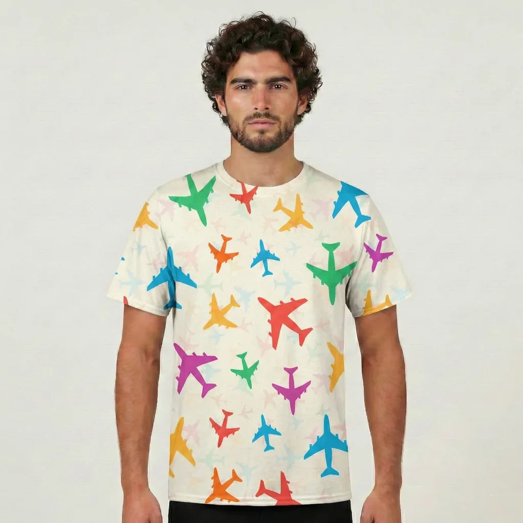 Cheerful Seamless Airplanes aviation design printed on soft cotton 3D-print T-shirt.