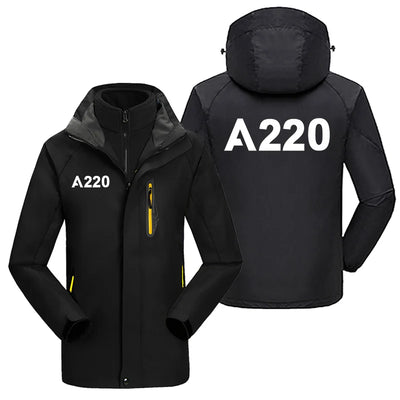 Airbus A220 Flat Text aviation design printed on heavyweight insulated shell with snow cuffs thick ski jacket.