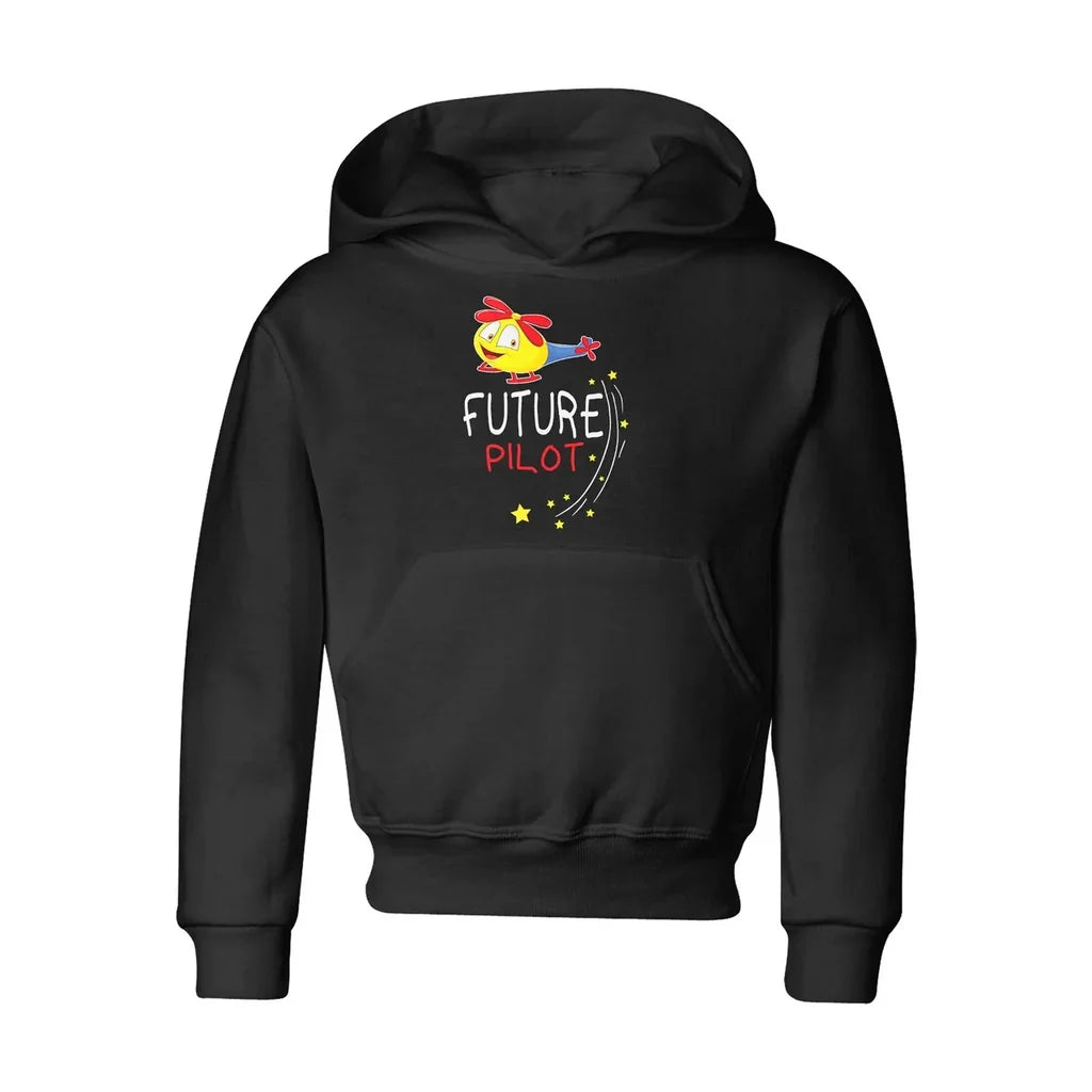 Future Pilot (Helicopter) "CHILDREN" aviation print on kids soft cotton blend hoodie.
