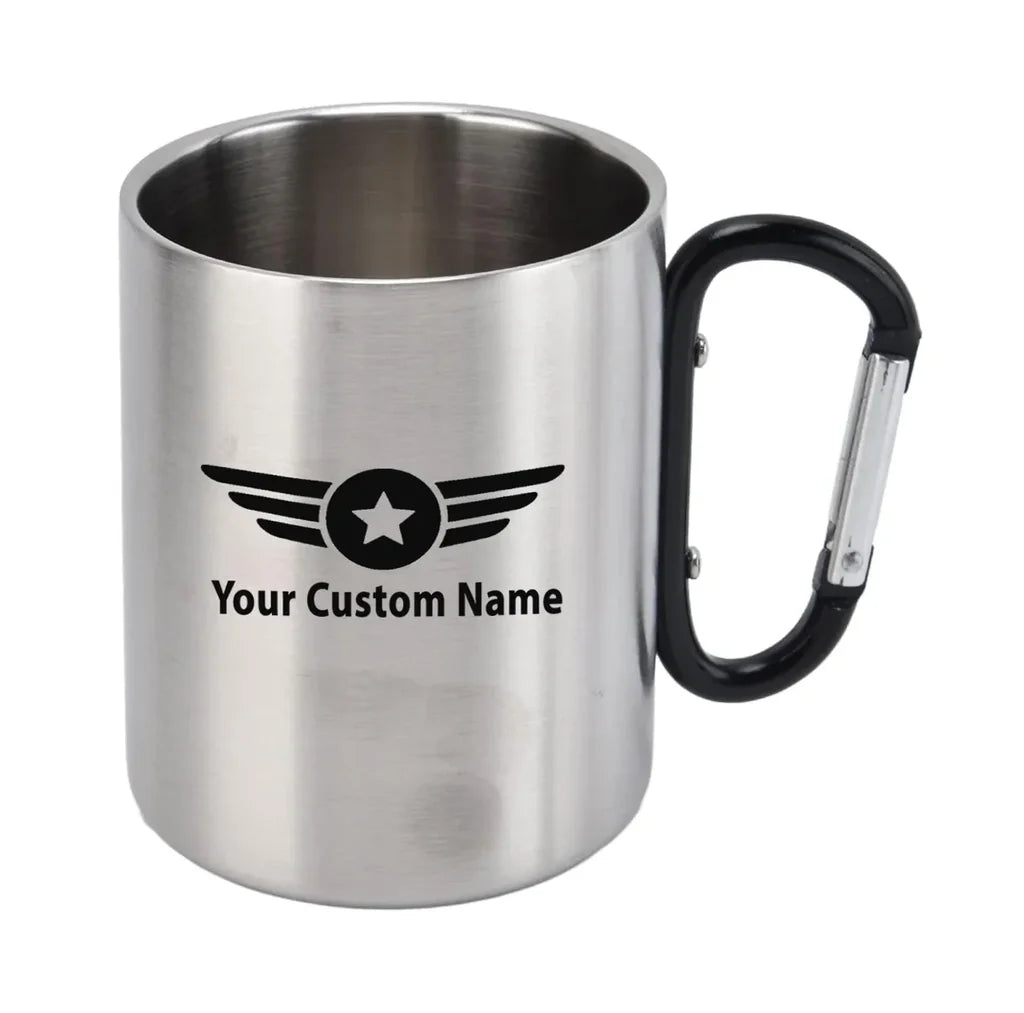 Custom Name (Badge 4) aviation design on outdoor mug, durable insulated construction.