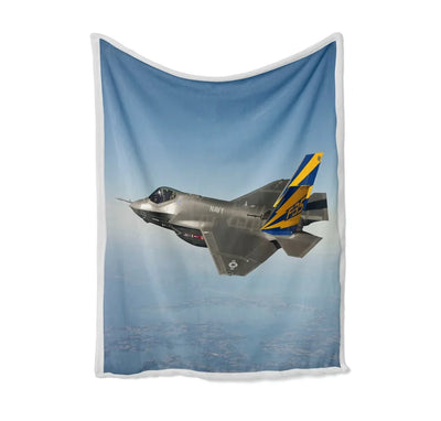 Cruising Fighter Jet 35 Bed Blankets & aviation print on soft fleece blanket.