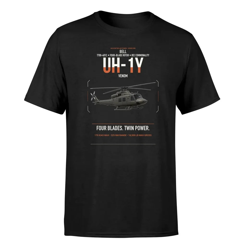 Bell UH-1Y Venom design on black t-shirt, single-side print