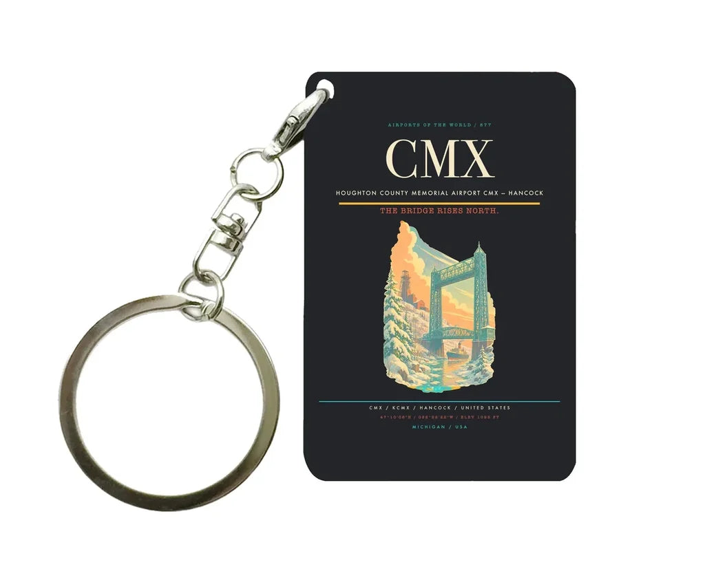 Houghton County Memorial Airport (CMX) design on black key chain
