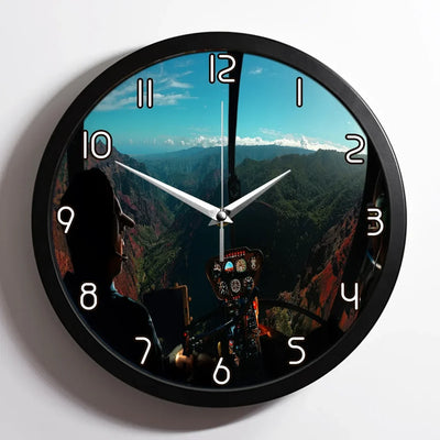 Beautiful Scenary Through Helicopter Cockpit aviation design on premium wood and metal wall clock.