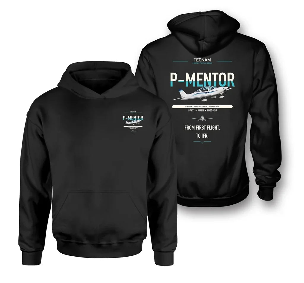Tecnam P-Mentor design on black double-side hoodie, double-side print