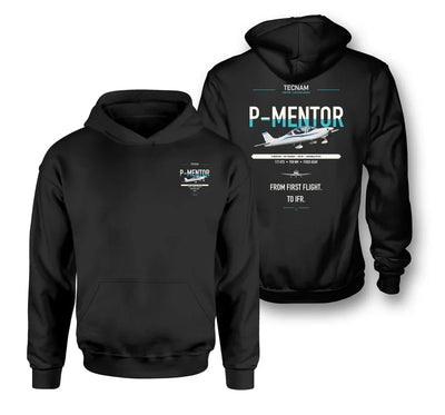 Tecnam P-Mentor design on black double-side hoodie, double-side print
