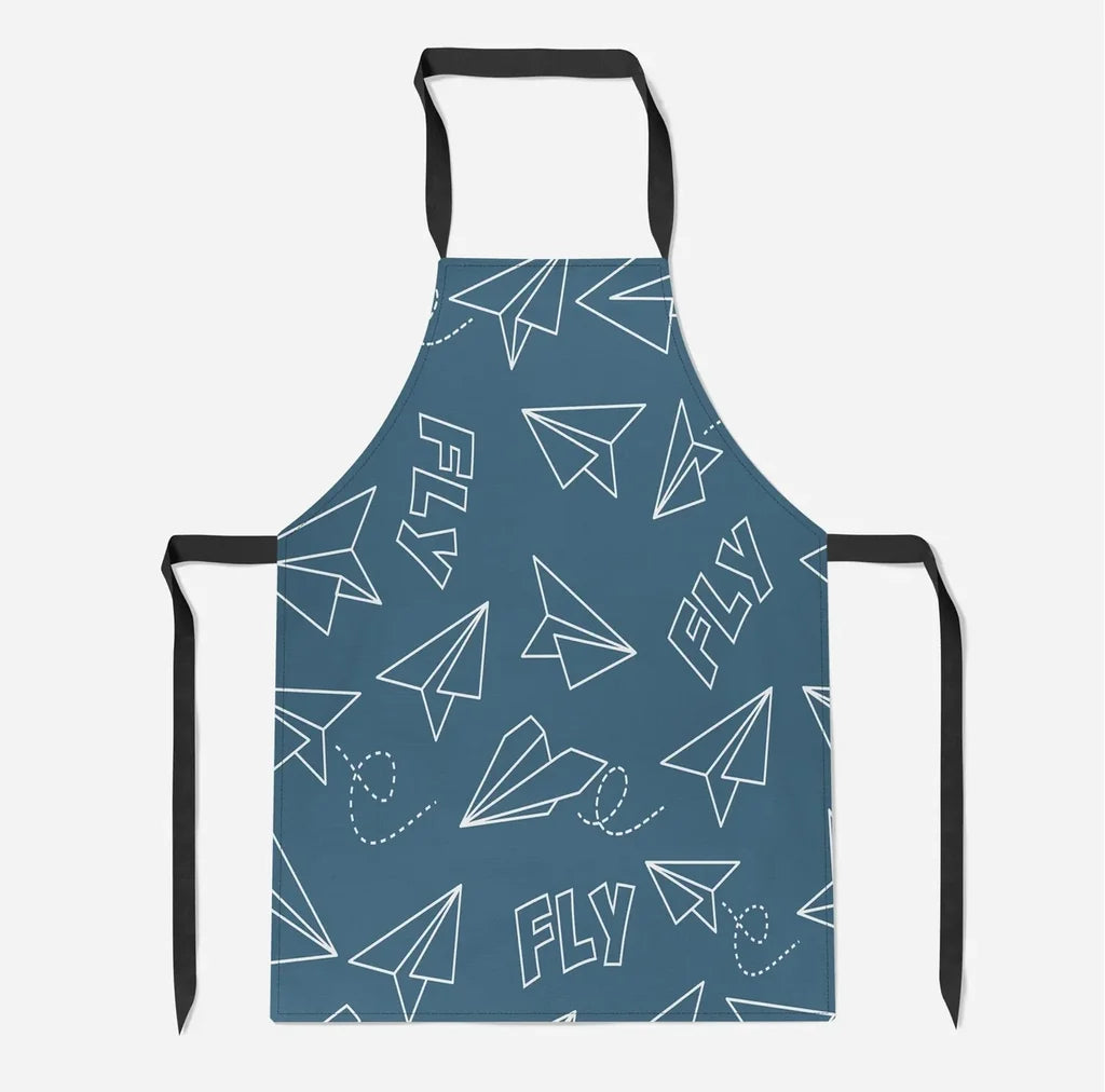 Paper Airplane & Fly Green aviation design on durable cotton blend kitchen apron.