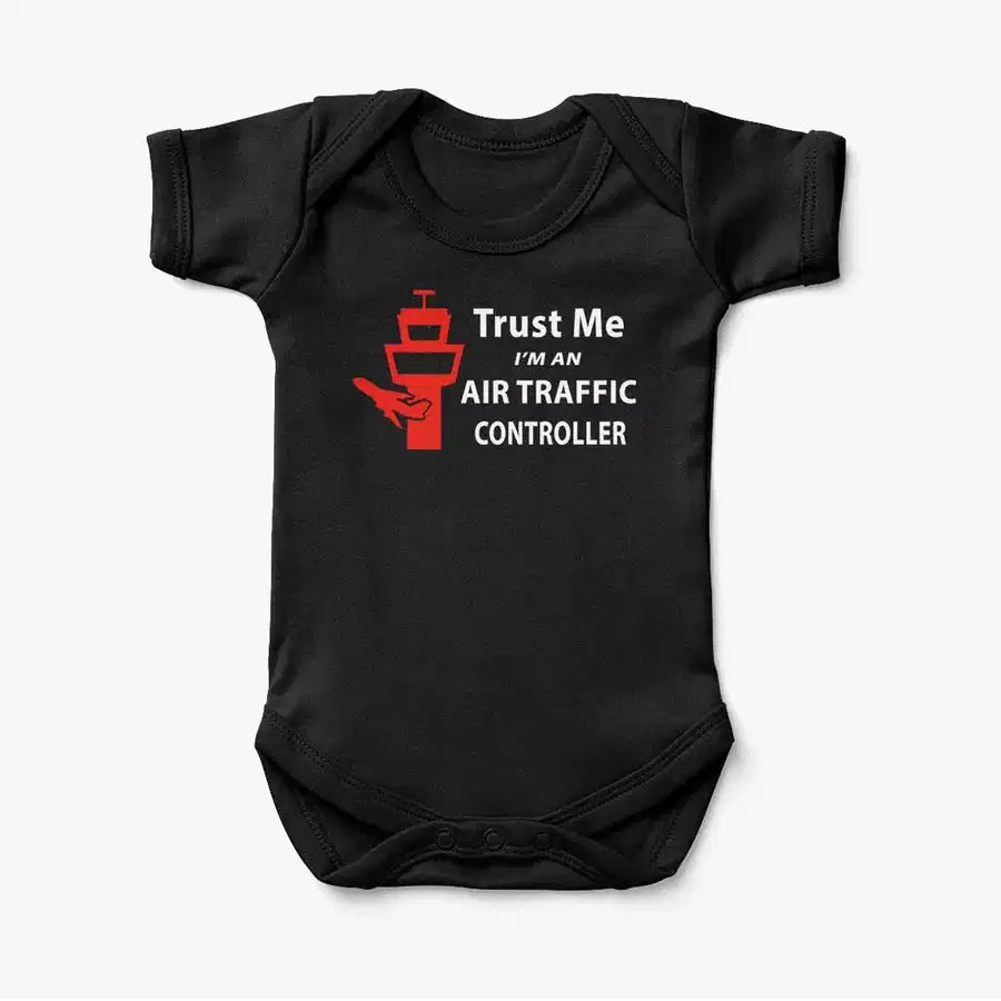 Trust Me I'm an Air Traffic Controller aviation print on kids gentle cotton bodysuit.