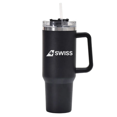 Swiss International Airlines 40oz Stainless Steel Car Mug With Holder aviation design on 40oz car mug, 40oz vacuum-insulated.