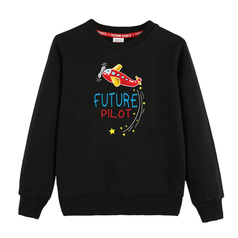 Future Pilot (Airplane) "CHILDREN" aviation design printed on soft cotton blend kids' sweatshirt.