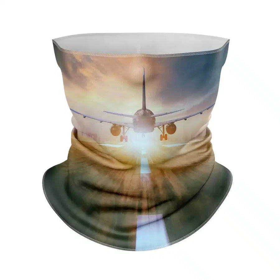 Airplane Flying Over Runway Full Face aviation design on soft knit fabric face ski mask.