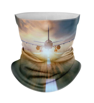Airplane Flying Over Runway Full Face aviation design on soft knit fabric face ski mask.