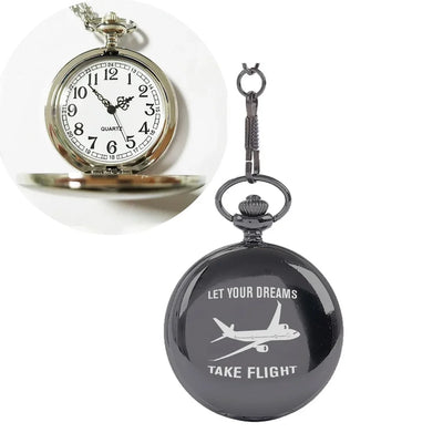 Side view of Let Your Dreams Take Flight aviation pocket watch in brushed metal, polished finish.