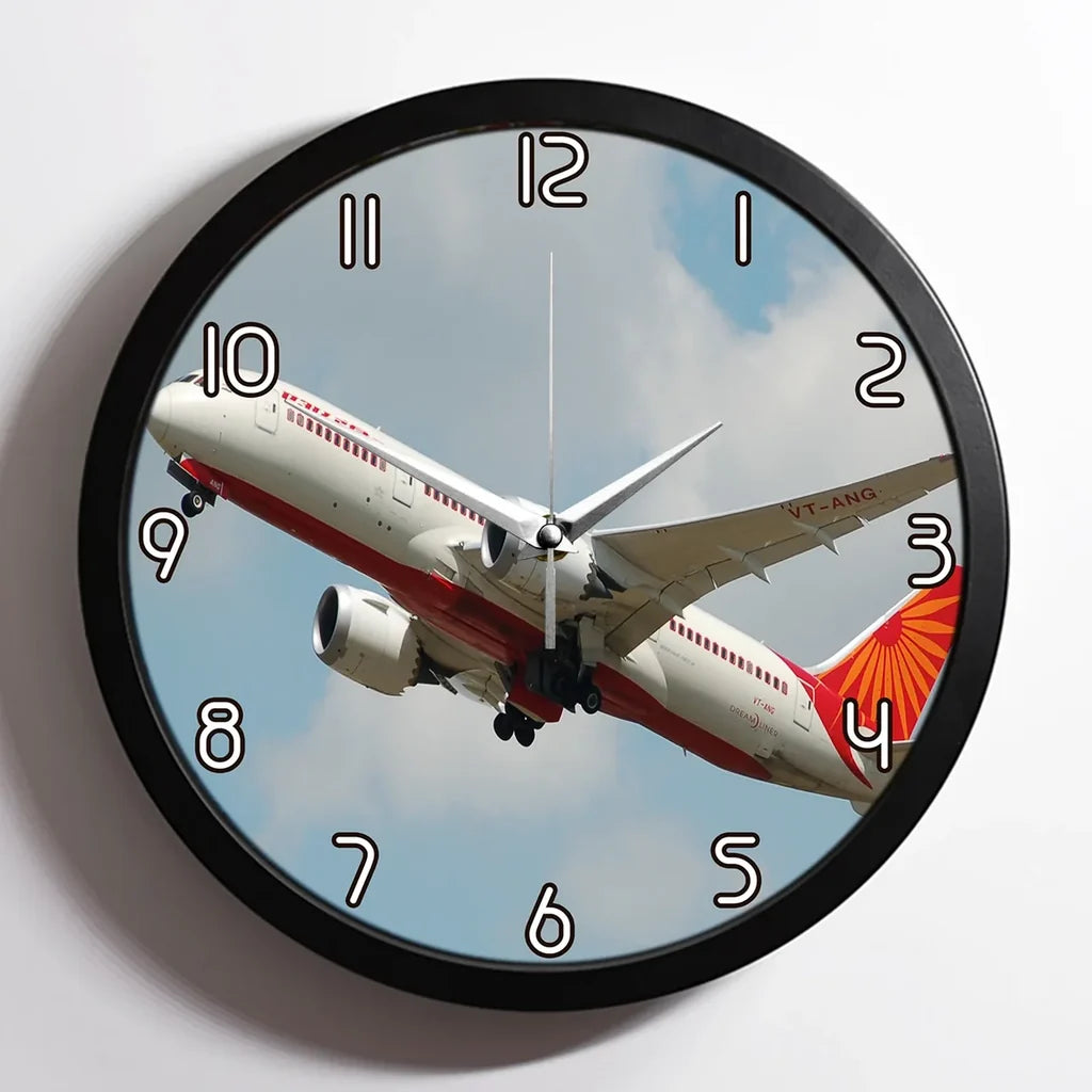 Air India's Boeing 787 aviation design on premium wood and metal wall clock.
