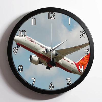 Air India's Boeing 787 aviation design on premium wood and metal wall clock.
