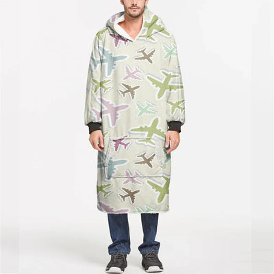 Seamless 3D Airplanes aviation design on soft fleece blanket hoodie.