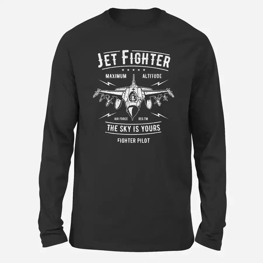 Jet Fighter - The Sky is Yours Long-Sleeve aviation design printed on soft cotton long-sleeve T-shirt.