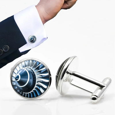 Side view of Blue Toned Super Jet Engine Blades Closeup aviation cuff links in polished metal, polished finish.