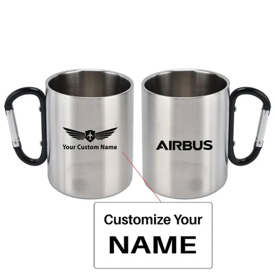Airbus & Text aviation design on outdoor mug, durable insulated construction.