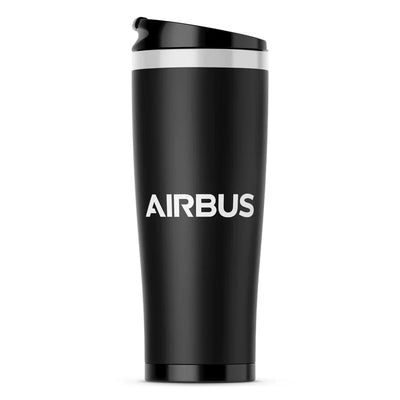 Airbus & Text aviation design on travel mug no-holder, insulated double-wall.