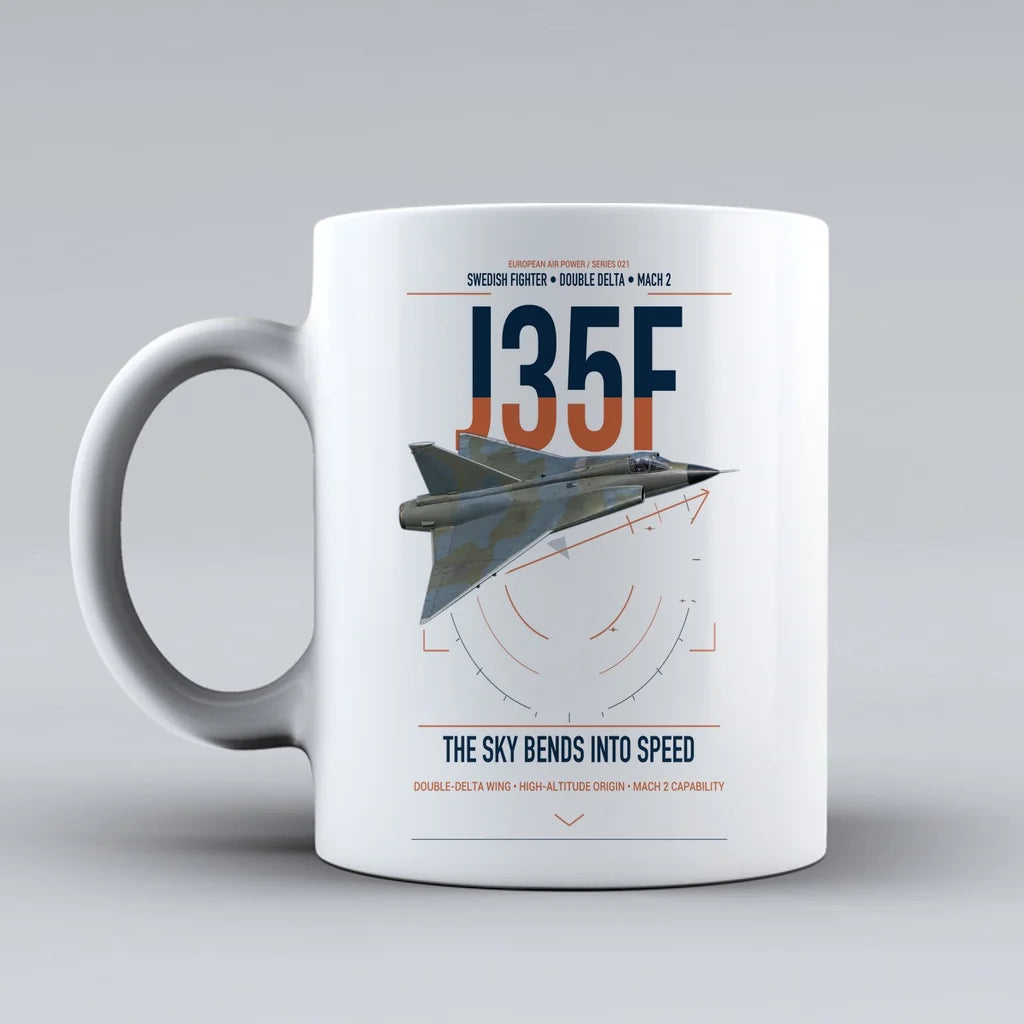 Saab J 35F Draken design on white ceramic mug, double-side print