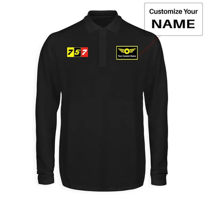 Flat Colourful 757 aviation design printed on soft cotton long-sleeve polo shirt.