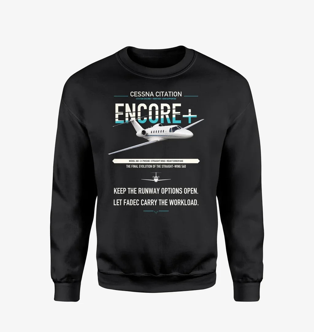 Cessna Citation Encore+ design on black sweatshirt