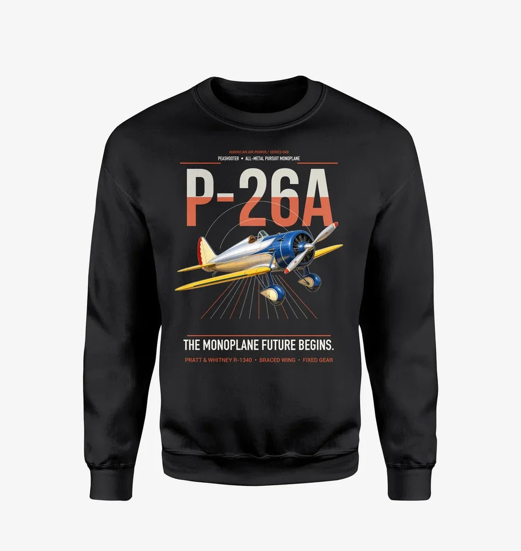 Boeing P-26A Peashooter design on black sweatshirt