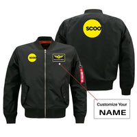 Thumbnail for Scoot Airlines aviation design with custom name embroidered on black bomber jacket