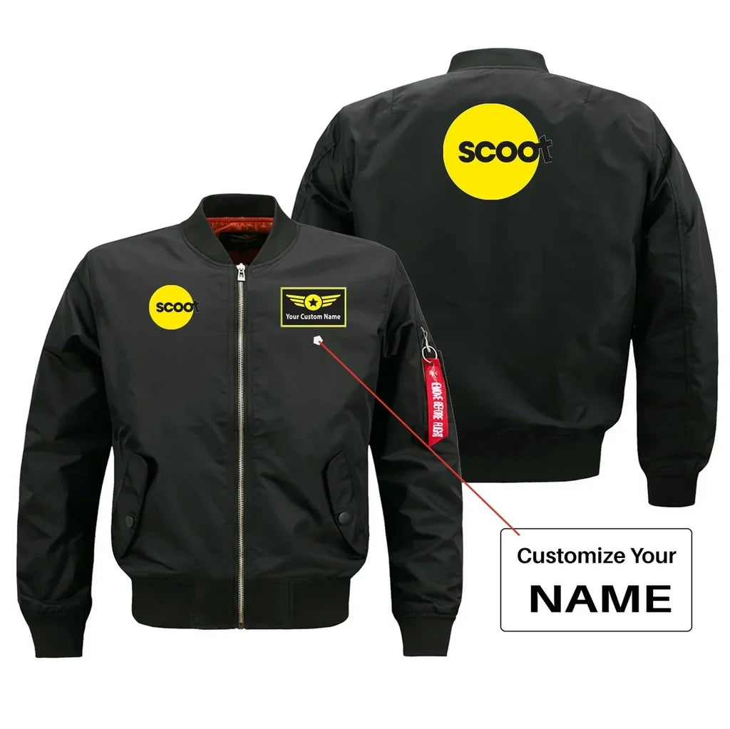 Scoot Airlines aviation design with custom name embroidered on black bomber jacket