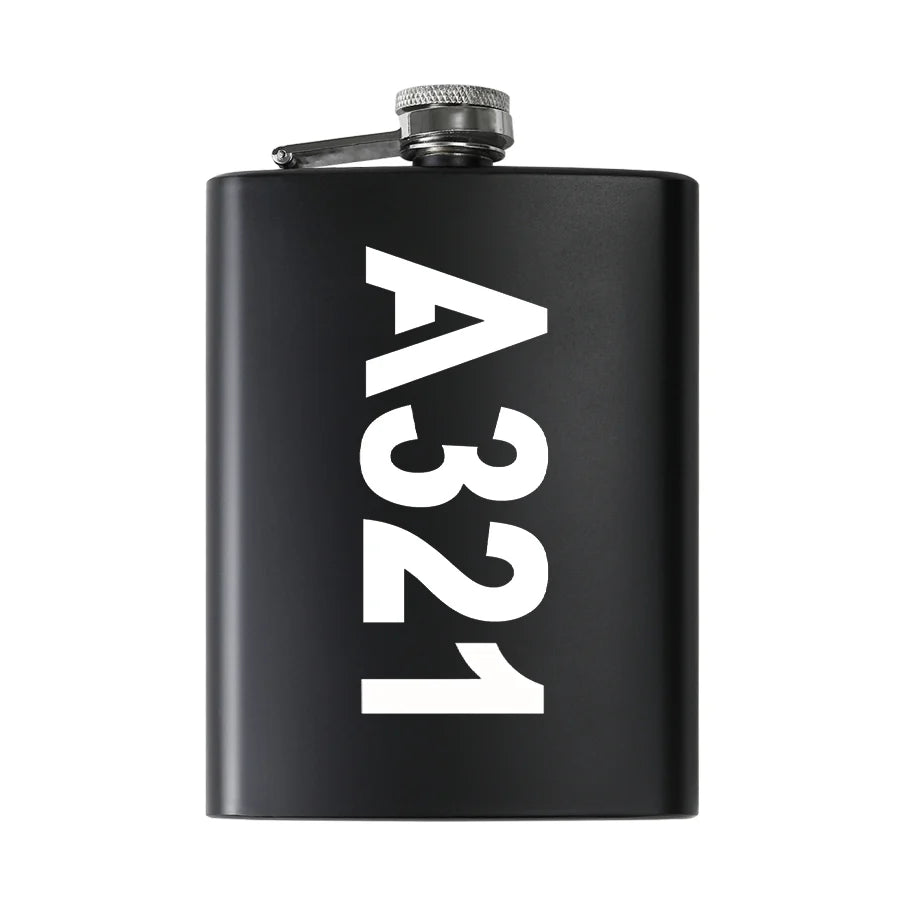 Airbus A321 Text aviation design on stainless hip flask, compact pocket-size flask.